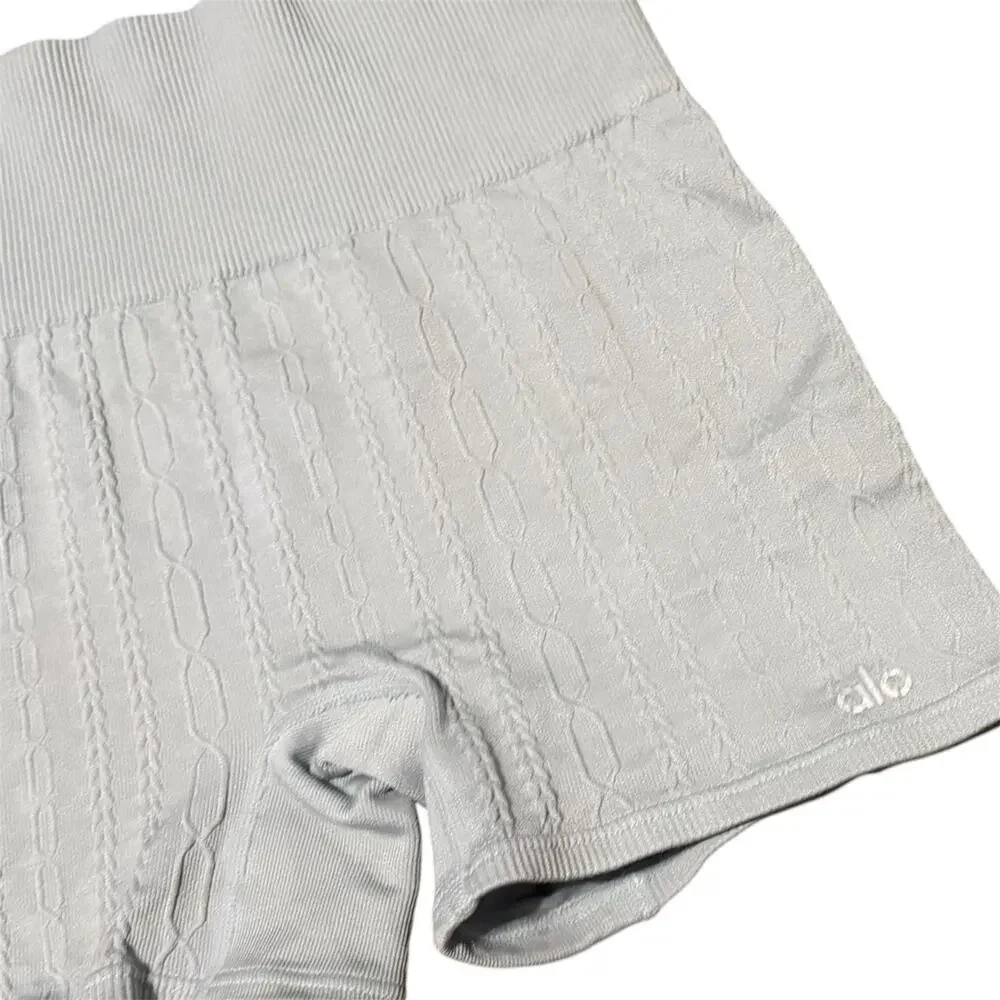 Alo Yoga High-Waist Cable Knit Biker Shorts Chalk Blue XS- Small Stain